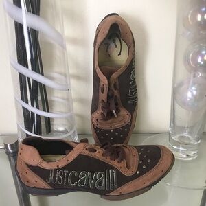 JUST CAVALLI Suede Leather Sneakers Logo Nubuck Running Shoes Low Top Laces Tan